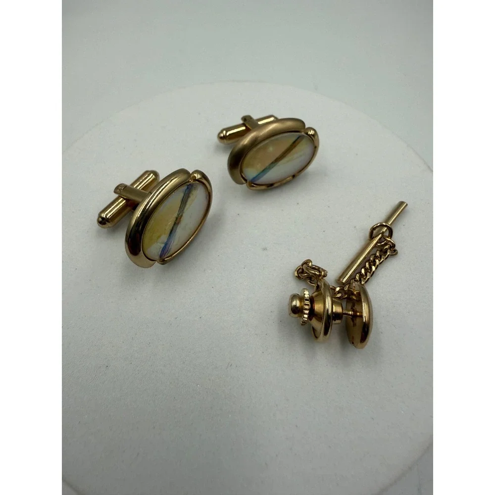 Vintage Hickok Gold Tone Iridescent Inlay Cufflink and Tie Tack Set Mid Century